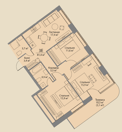 Квартира с 3 спальнями 81.1 м2 в ЖК Stories