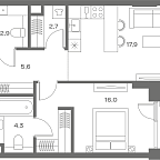 Планировка Квартира с 1 спальней 51.3 м2 в ЖК Soul